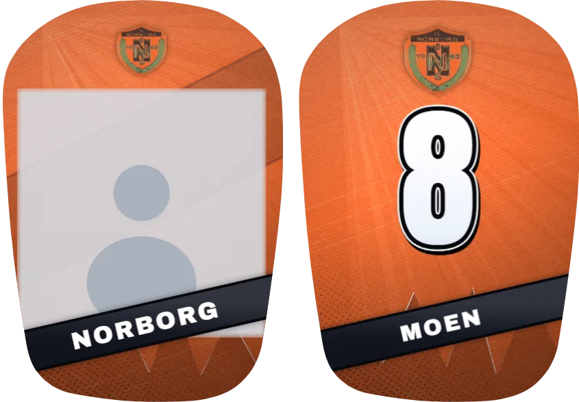 IL Norborg-leggskinn, ulike: bilde på det ene og nummer på det andre